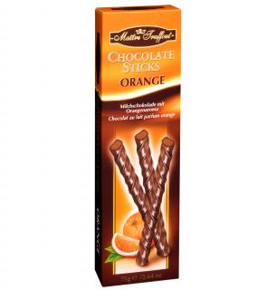MT Delikátní tyčinky z mléčné čokolády s jemnou pomerančovou náplní 75g (Mléčné čokoládové tyčinky s pomerančovou náplní 65%.)