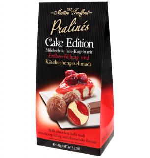 MT Pralines Cake Edition - Jahodový Cheesecake 148g (Mléčná čokoláda s náplní s příchutí tvarohového koláče (25%) a jahodovou náplní (20%))
