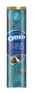 Oreo Thins Vanilla Tin 144g - DMT 07.05.2022 (Kakaové sušenky s náplní s vanilkovou příchutí (32,5 %).)