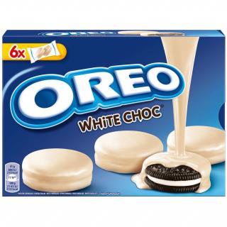 OREO WHITE 246g (Kakaové sušenky (38%) s náplní s vanilkovou příchutí (19%) v bílé polevě (43%).)