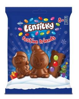 Orion Lentilky Festive Friends/ Vánoční kamarádi 65g - DMT 8/2022 (Mléčná čokoláda 61,5 % s dražovanou mléčnou čokoládou v cukerné krustě 8,4 % a mléčnou náplní 30,1 %.)