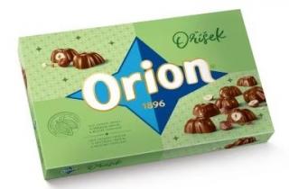 ORION Oříšek 147g (Pralinky z mléčné čokolády 55 % plněné lískooříškovou náplní 37,5 % a celým lískovým oříškem 7,5 %.)