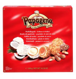 Papagena Kokosové a arašídové kuličky 300g (Vaflové kuličky s mléčnou náplní a kokosem a krémovou náplní a kousky arašídů)