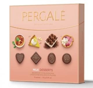 Pergale milk desserts 113g (Mléčná pralinková bonboniéra s náplněmi ve 4 příchutích - malinový cheesecake 11%, citrón 11%, crème brûlée 11% a tiramisu 11% Jednotlivé bonbóny jsou ve čtyřech tvarech s jemným filigránským zdobením.  )