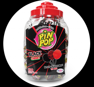 Pin pop Black cherry se žvýkou 17g x 100 Ks  (Lahodné lízátko se žvýkačkou s příchutí kyselé višně.)