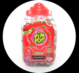 Pin pop strawberry se žvýkou 18g x 100 Ks  (Jahodové lízátko se žvýkačkou.)