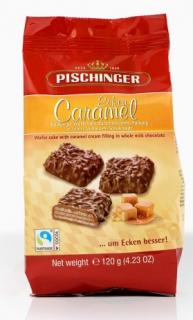 Pischinger Caramel Cream Waffles 120g - DMT 15.12.2023 (Křupavá oplatka (10%) s náplní z karamelového krému  (22%) v mléčné čokoládě.)