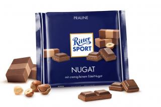 Ritter Sport čokoláda s pravým nugátem 100g (Mléčná čokoláda s nugátovou náplní z pečených, jemně mletých lískových oříšků. Obsah kakaa 30 %.)