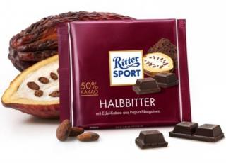 Ritter Sport Halbbitter čokoláda s 50% kakaem z Pappua-Nové Guinei 100g (Prvotřídní hořká čokoláda. Obsah jemného kakaa 50 %. Vyvážená směs odrůd kakaa z Papui Nové Guinei, Madagaskaru a západní Afriky.)