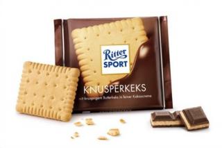 Ritter Sport mléčná čokoláda s keksem 100g (Plněná plnotučná mléčná čokoláda s kakaovým krémem (30 %) a máslovou sušenkou (13,5 %).)