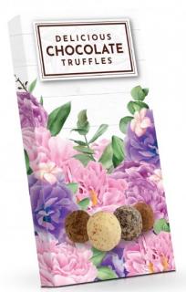 Růžovofialové květy -Výběr čokoládových truffles 100g (Bonboniéra obsahuje 8 plněných pralinek z hořké a bílé čokolády s různými náplněmi s posypem v dárkovém balení.)