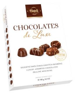 Seli Chocolates de luxe 180g - DMT 26.08.2023 (Směs plněných bonbonů z hořké a mléčné čokolády.Obsah kakaové sušiny v čokoládě nejméně 35 %, Obsah kakaové sušiny v mléčné čokoládě nejméně 25 %.)