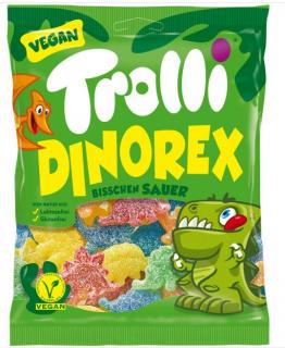 Trolli Dino Rex Sauer 200g (Želé ve tvaru dinosaurů v příchutích pomeranč, malina, citrón, limetka a limquat s extra kyselou posypkou.)
