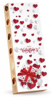 Valentýn - belgické plněné pralinky 150g (vložená karta) (Bonboniéra obsahuje výběr dvanácti plněných belgických pralinek z mléčné, hořké a bílé luxusní čokolády v dárkové krabičce s motivem.)
