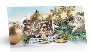 Vánoce - Mléčná čokoláda s posypem mandle (zlaté baňky,obálka s výřezem) 96g - DMT 21.06.2023 (Mléčná čokoláda s posypem mandle.)