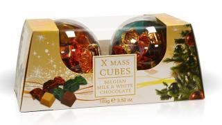 Vánoční baňky - Belgické pralinky Cubes z mléčné a bílé čokolády 100g - DMT 19.08.2024 (Belgické plněné čokoládové pralinky Cubix z bílé a mléčné čokolády v plastových vánočních baňkách)