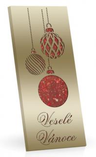 Veselé Vánoce - mléčná čokoláda s jahodovým posypem (zlatý laser) 175g - DMT 12.10.2023 (Mléčná čokoláda s posypem jahoda.)