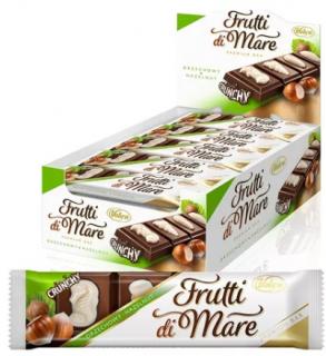 Vobro Frutti di Mare Ořech 38g - DMT 6/2023 (Tyčinka z mléčné čokolády 52% a bílé čokolády 9% plněná lískooříškovým krémem (37,5%) s křupinkami.)