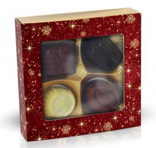 Výběr belgických pralinek 50g - Vánoční motiv červený (výřez čtverec) - DMT 22.06.2023 (Bonboniéra s plněnými belgickými pralinkami z mléčné, hořké a bílé čokolády. )