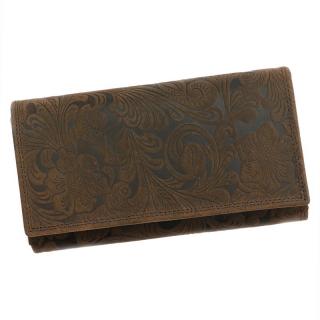 Masivní kožená peněženka Wild by Loranzo no. 632 tmavěhnědá s ornamenty květin