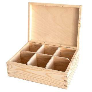 Dřevěná krabička s víkem na čaj s šesti přihrádkami 21,5x16,7x8cm