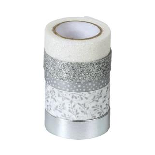 Samolepicí papírová washi páska sada - stříbrné a bílé (5ks)