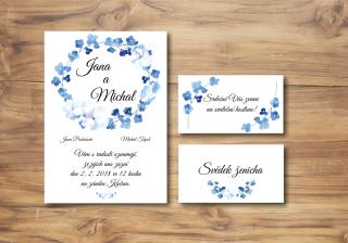 Svatební oznámení květinový věneček modrý tiskovina: jmenovka