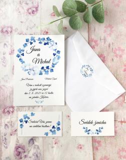Svatební oznámení květinový věneček modrý tiskovina: samolepka 3 cm