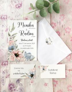 Svatební oznámení s květinami -  dusty blue tiskovina: obálka bílá