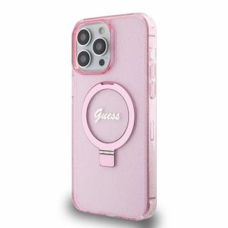 Guess IML Ring Stand Glitter MagSafe Zadní Kryt pro iPhone 15 Pro, růžová