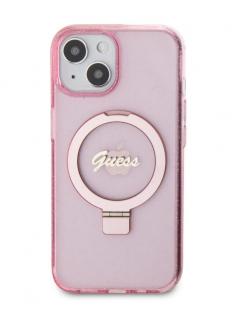 Guess IML Ring Stand Glitter MagSafe Zadní Kryt pro iPhone 15, růžová