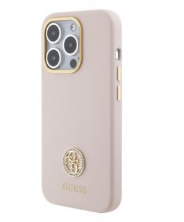 Guess Liquid Silicone 4G Strass Metal Logo Zadní Kryt pro iPhone 15 Pro Růžový