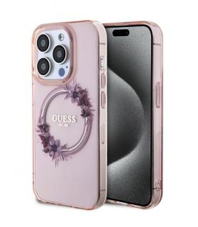 Guess PC/TPU Flowers Ring Glossy Logo MagSafe Zadní Kryt pro iPhone 15 Pro Max Pink