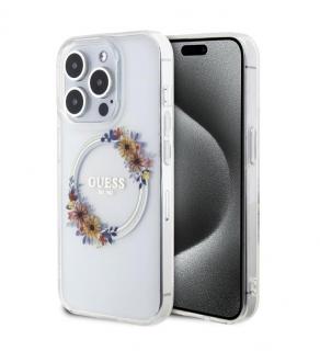 Guess PC/TPU Flowers Ring Glossy Logo MagSafe Zadní Kryt pro iPhone 15 Pro Transparent