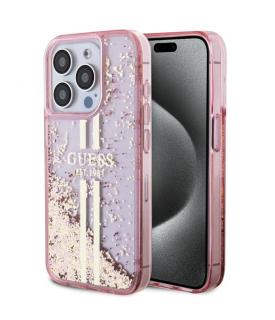 Guess PC/TPU Liquid Glitter Gold Stripe Zadní Kryt pro iPhone 15 Pro Pink