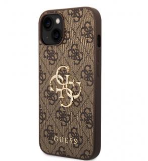 Guess PU 4G Metal Logo Zadní Kryt pro iPhone 15 Hnědý