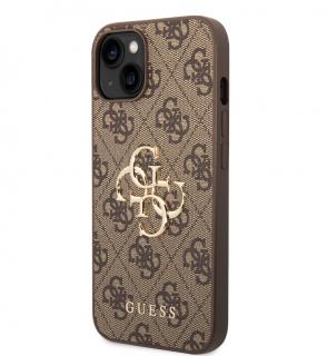 Guess PU 4G Metal Logo Zadní Kryt pro iPhone 15 Plus Hnědý