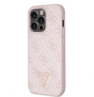 Guess PU 4G Strass Triangle Metal Logo Zadní Kryt + Crossbody Popruh pro iPhone 15 Pro Růžový