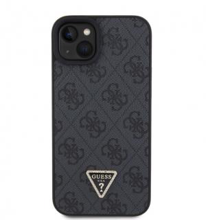 Guess PU 4G Strass Triangle Metal Logo Zadní Kryt pro iPhone 15 Plus Černý