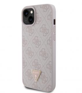 Guess PU 4G Strass Triangle Metal Logo Zadní Kryt pro iPhone 15 Plus Růžový