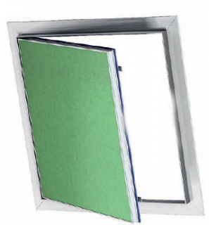 Revizní dvířka lisovaná s deskou SDK 12.5 GKBi, s tlačným zámkem konstrukce US Barva: Zelená, Velikost: 150x150