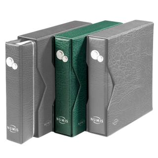 NUMIS - tmavě zelené koženkové mincovní album s kazetou + 5 vzorových mincovních listů NUMIS (kapacita alba je 15) - Leuchtturm 338788