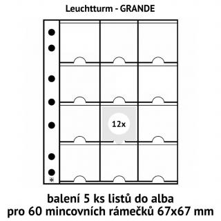 Průhledné albové listy GRANDE M12K na kartonové XL mincovní rámečky 67x67 mm - orig. balení 5 ks + 5 ks bílých mezilistů - Leuchtturm 326120