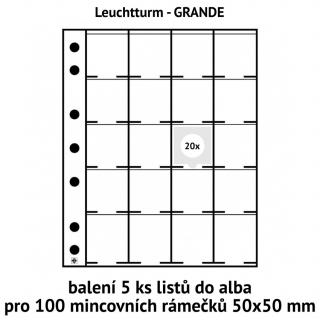 Průhledné albové listy GRANDE M20K na kartonové mincovní rámečky 50x50 mm - orig. balení 5 ks + 5 ks bílých mezilistů - Leuchtturm 324851