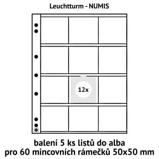 Průhledné albové listy NUMIS K50 na kartonové mincovní rámečky 50x50 mm - orig. balení 5 ks + 5 ks bílých mezilistů - Leuchtturm 310444