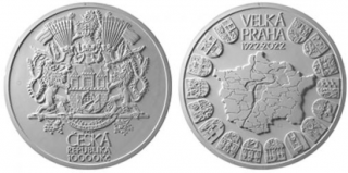 Stříbrná mince 100. výročí založení Velké Prahy. Nominál 10.000 Kč - BEŽNÁ KVALITA (MATOVANÁ)