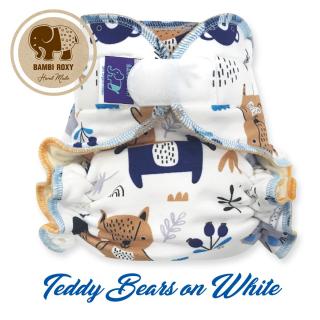 Kalhotová plena Bambi Roxy na suchý zip - Teddy bear on white (Jednovelikostní plena - obsahuje dlouhou bamusovou vkládací plenu)