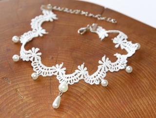 Choker Fashion Jewerly - Bílý Krajkový náhrdelník zdobený perličkami, Pro nevěstu, Svatební, Romantická kráska, Elegant Lace Party 3144