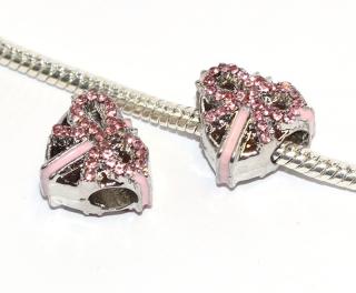 Korálek na náramek Fashion Jewerly - Růžové srdce jak dárek se zdobenou mašlí, Pink Heart Bow Gift  Lady Chic 2331