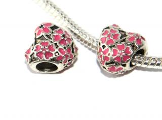 Korálek na náramek Fashion Jewerly - Srdce s růžovými květy, Příroda, Květiny, Láska, Flower Heart 3250